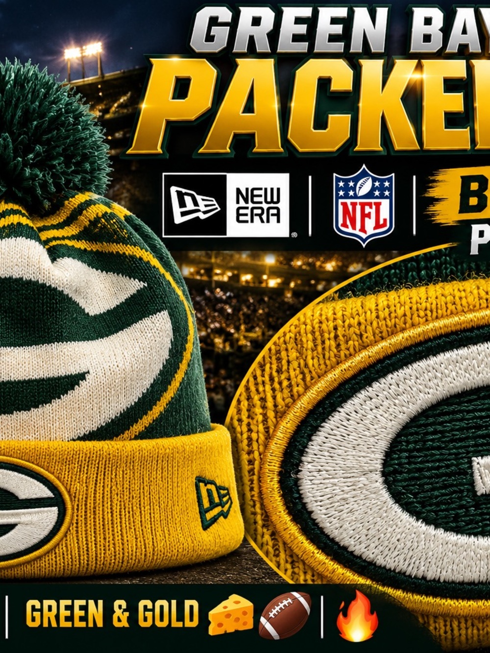Green Bay Packers New Era NFL Big Logo Pom Beanie Knit Hat One Size Green Gold